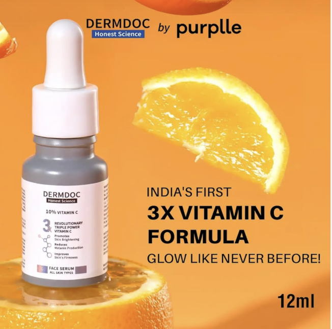 DERMDOC 10% Vitamin C Face Serum for Glowing Skin (12 ml) | Brightening Face Serum | Fight Dark Spots, Pigmentation & Dull Skin