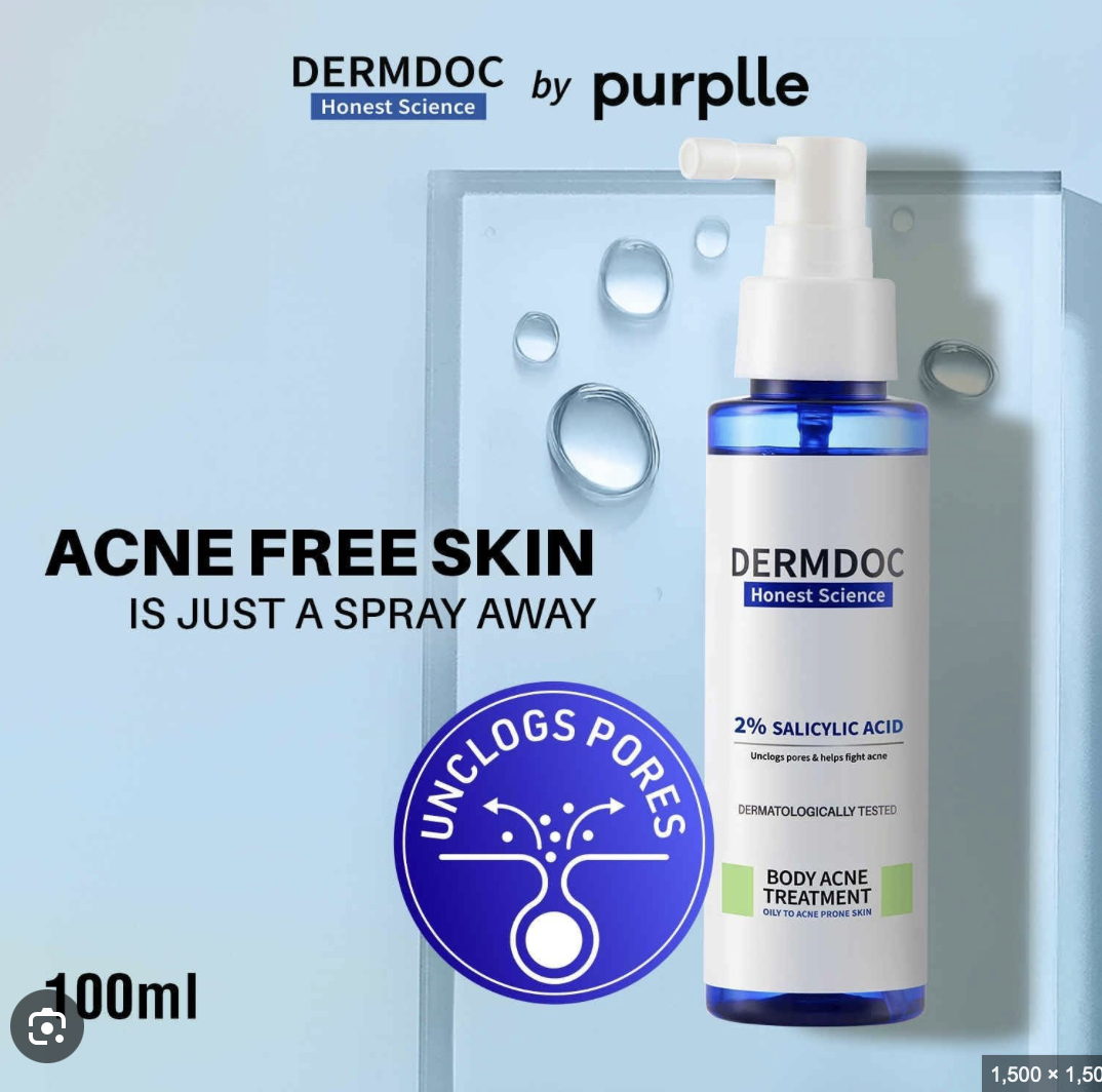 DermDoc 2% Salicylic Acid Body Acne Treatment 100ml – Pore Unclogging Exfoliating Serum for Oily & Acne-Prone Skin, Clears Body Acne, Reduces Blackheads & Breakouts, Dermatologically Tested S