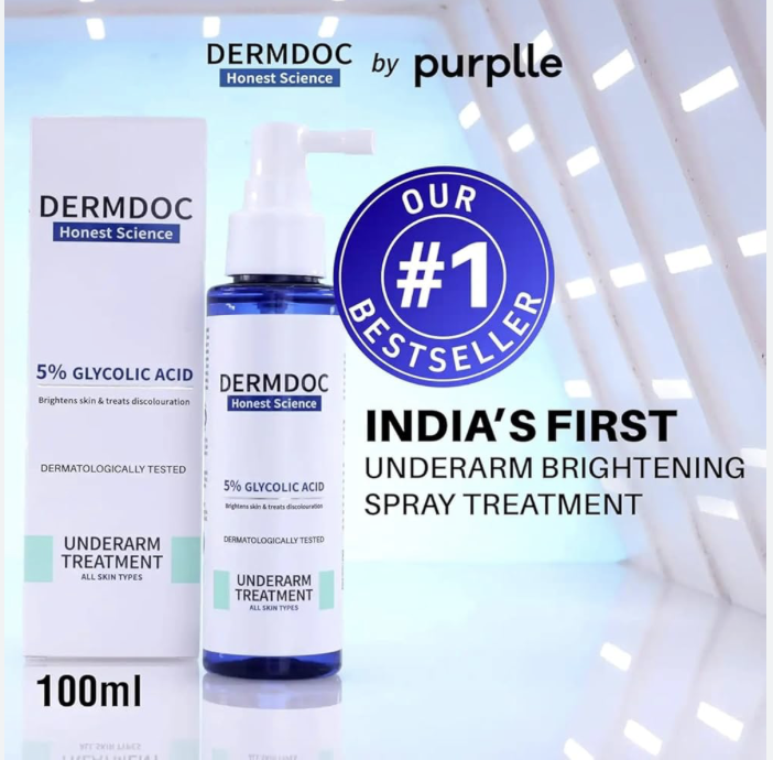 DERMDOC by Purplle 5% Glycolic Acid Underarm Brightening Spray Treatment (100 ml) | Exfoliating & Brightening | Multi-Purpose Spray for Hyperpigmentation.