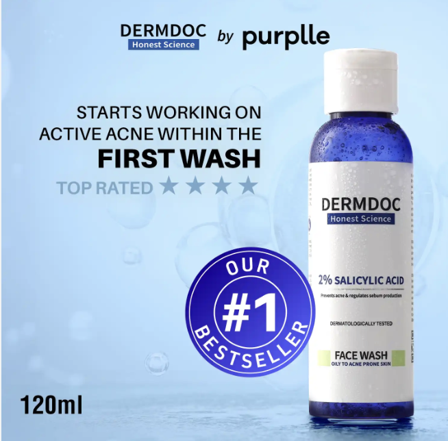 DERMDOC 2% Salicylic Acid Face Wash (120 ml) | Oily, Sensitive & Acne Prone Skin Friendly | Clears Pimples, Dark Spots, Whiteheads & Blackheads | Gentle Exfoliation