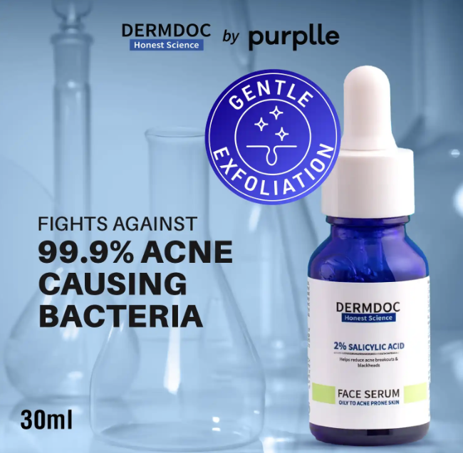DERMDOC 2% Salicylic Acid Face Serum (30 ml) | For Blackheads & Whiteheads | Targets Active Acne | Calms Irritation & Unclogs Pores 15ml