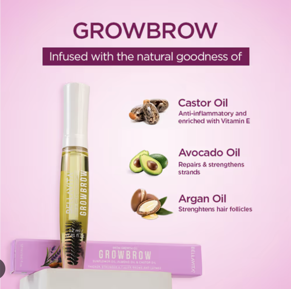 Bella Vita Organic Growbrow - Eyelash, Lashes & Eyebrows Hair Growth & Volume Serum With Castor, Onion Oil & Vitamin E, 12 ML