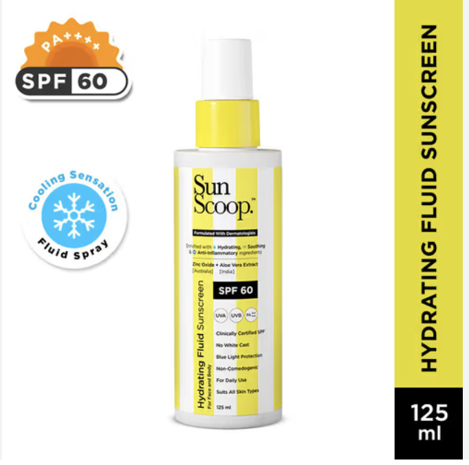 SunScoop Hydrating Face & Body Fluid Sunscreen Spray, SPF 60 PA++++, Sunscreen for Dry & Oily Skin (125ml)