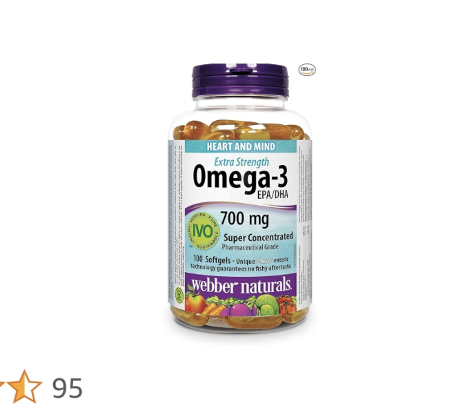 Webber Naturals Omega-3 700 mg Extra Strength, 100 Clear Enteric No Fishy Aftertaste Softgels, Supports Cardiovascular Health and Brain Function
