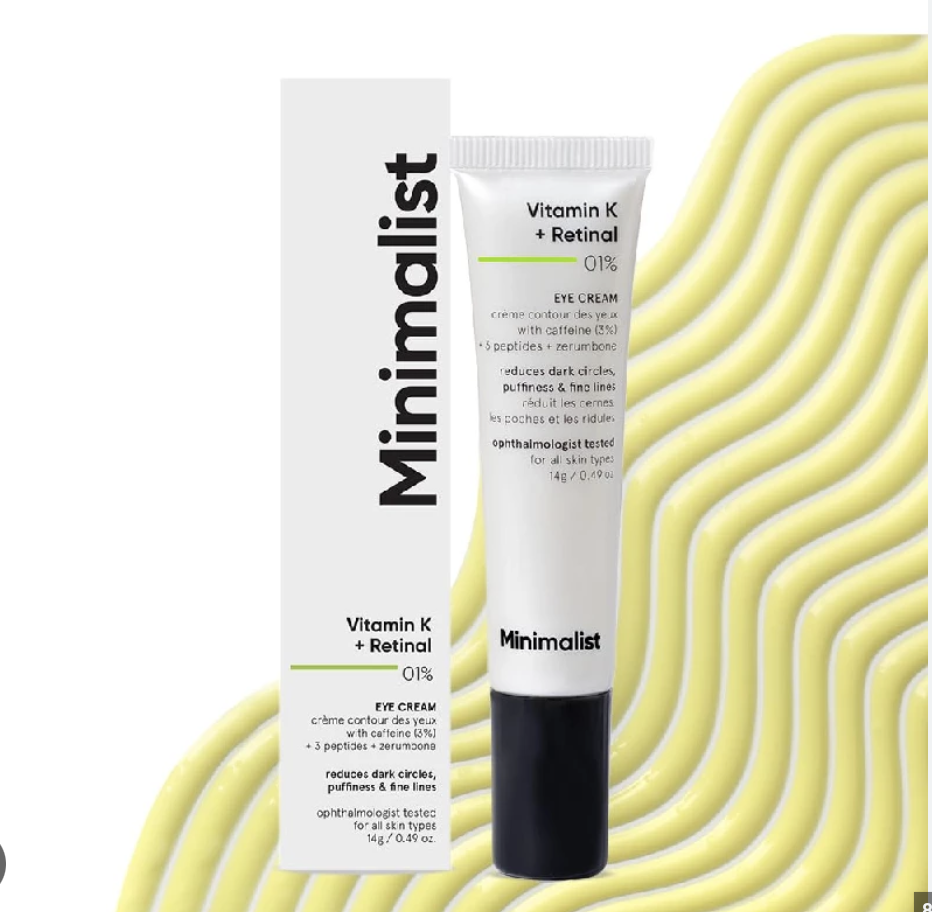Minimalist Vitamin K + Retinal 01% Under Eye Cream | Reduces Dark Circles, Wrinkles & Fine Lines | With Caffeine for Puffiness | For Women & Men | 14 gm
