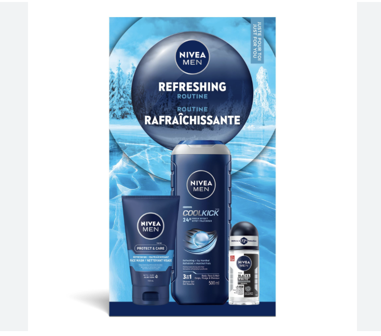 NIVEA MEN Refreshing Routine, Holiday Gift Set for All Skin Types, Includes Shower Gel, Face Wash and Roll-On Antiperspirant, 3-Piece Skincare Set