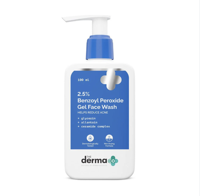 The Derma co 2.5% Benzoyl Peroxide Gel Face Wash with Glycerin & Allantoin for Active Acne - 100 ml