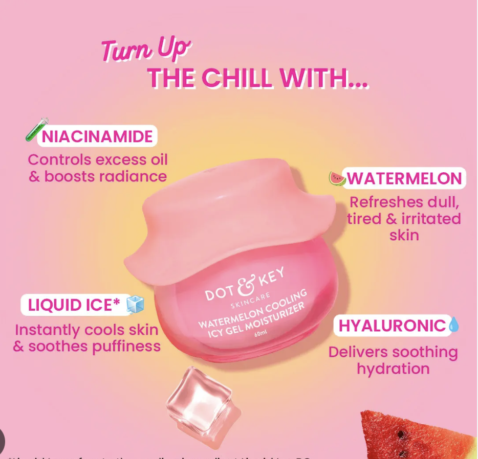 Dot & Key Watermelon Cooling Icy Gel Moisturizer | Instantly Cools Skin, Hyaluronic & Niacinamide | Controls Excess Oil, Boosts Radianc | Refreshes & Soothes Skin, Non-sticky & Non-greasy | 6
