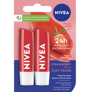NIVEA Strawberry Shine Tinted Caring 24H Moisture Lip Balm Sticks, 2 x 4.8g pack