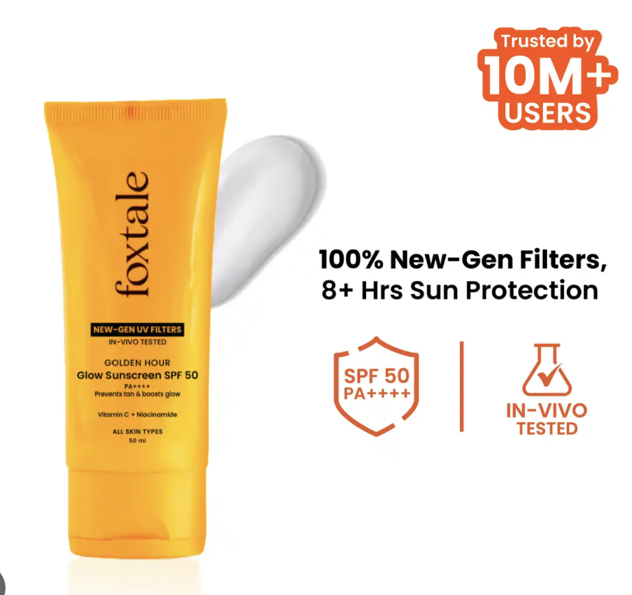 Foxtale Glow Sunscreen with Vitamin C & Niacinamide SPF 50 PA++++, In-Vivo Tested, for Dewy Glow 50 ml