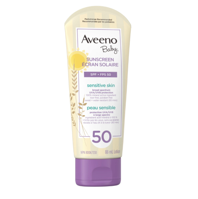 Aveeno Baby Mineral Sunscreen Lotion SPF 50 - 100% Naturally Sourced Zinc Oxide for Sensitive Skin - Water Resistant