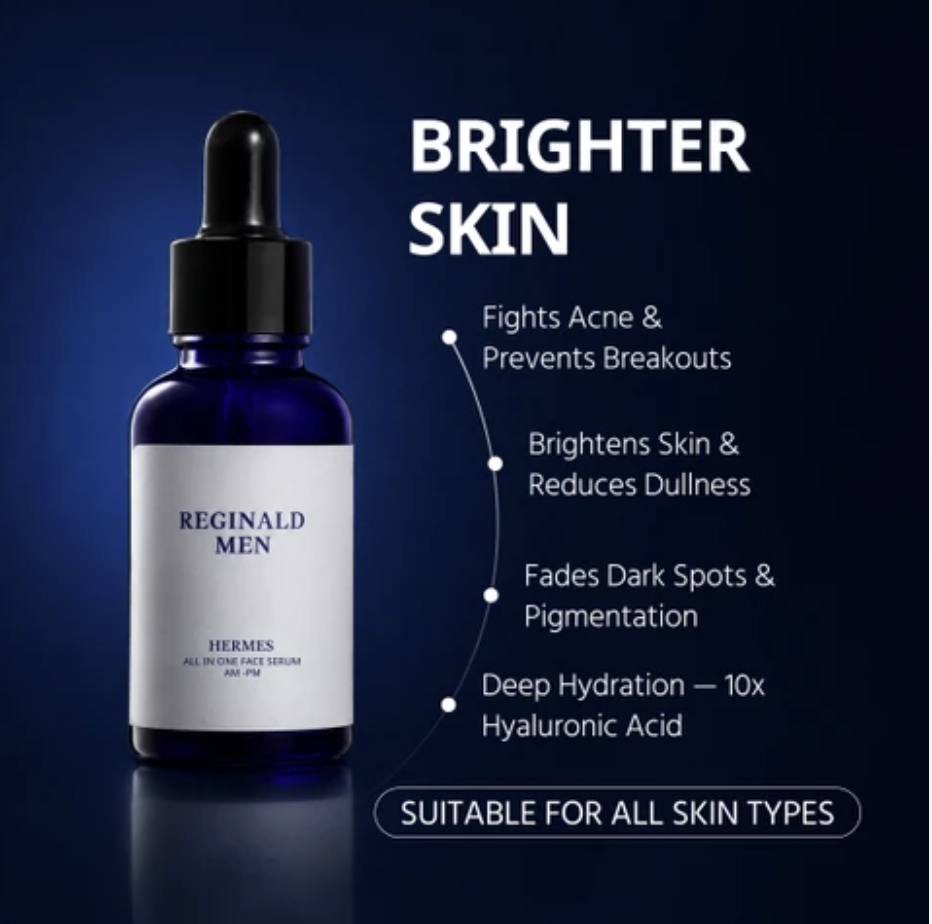 Reginald Men Hermes (30 ml) | All-in-One Face Serum for Skin & Beard Health | Multi-Functional Face & Beard Care | Hydrates, Nourishes & Strengthens | Clinically Proven Formula for Clear, Hea