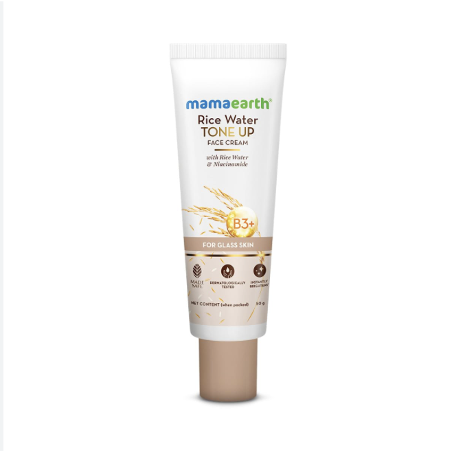 Mamaearth Rice Water Tone Up Face Cream with Rice Water & Niacinamide for Glass Skin 50g | Instantly Brightens | Even Skin Tone | Adds Glow | All Skin Types | Korean Rice Tone Up
