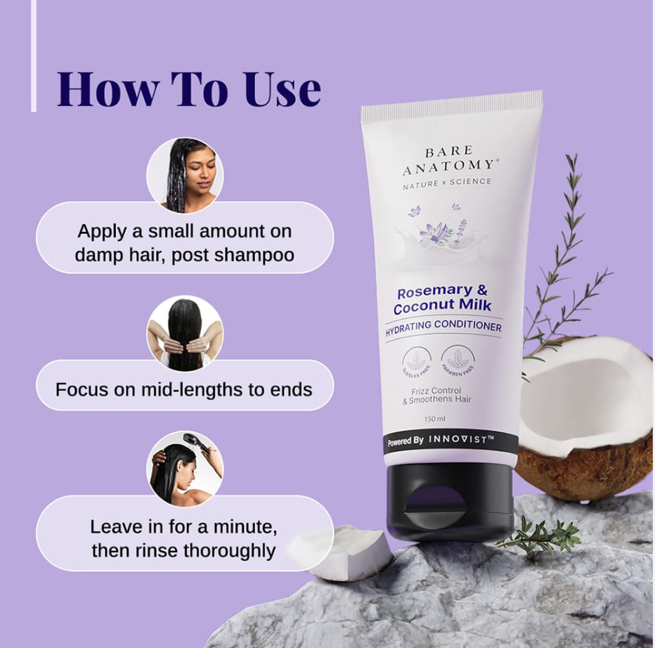 Bare Anatomy Nature X Science Rosemary & Coconut Milk Hydrating Conditioner|Natural Conditioner For Dry, Dull & Frizzy Hair|Sls & Paraben Free Conditioner For Women & Men|150 millilitre