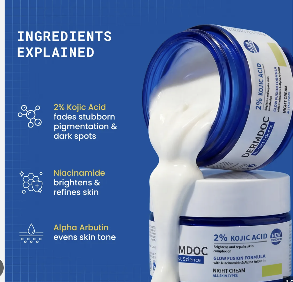 DERMDOC 2% Kojic Acid Glow Fusion Formula Night Cream (50 gm) | Skin Brightening