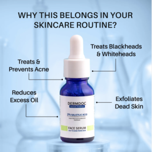 DERMDOC 2% Salicylic Acid Face Serum (30 ml) | For Blackheads & Whiteheads | Targets Active Acne | Calms Irritation & Unclogs Pores