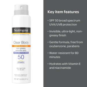 Neutrogena Clear Body SPF 50 Body Sunscreen Spray, Broad Spectrum, Non-Comedogenic