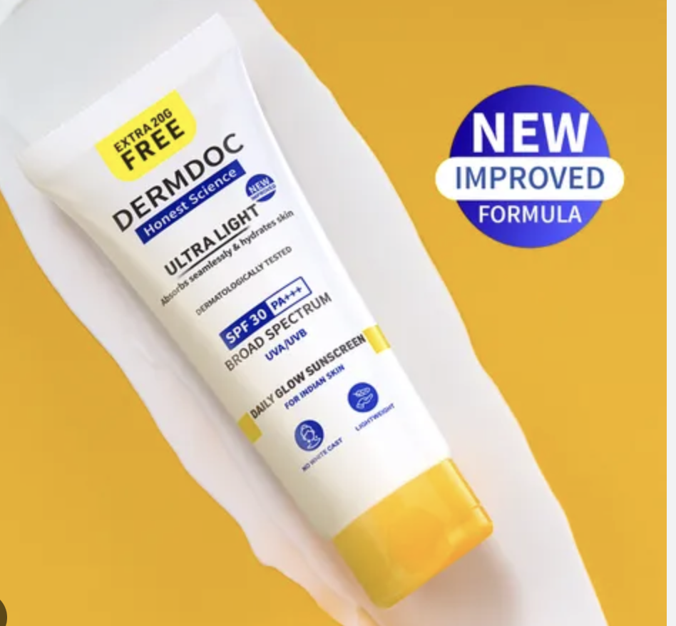 DERMDOC Ultra Light SPF 30 PA+++ Daily Glow Sunscreen| SPF 30 | PA +++ | Lightweight | Quick Absorbing | Fragrance Free 50 gm