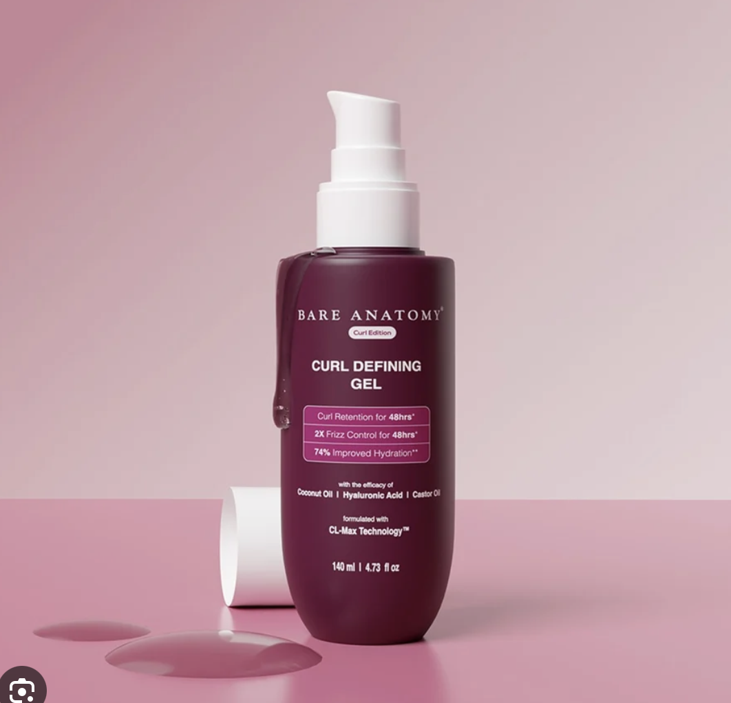 Bare Anatomy Curl Defining Gel | For Well Defined Shiny Curls | Curl Retention & 2X Frizz Protection For 48 Hours | Coconut Oil, Hyaluronic Acid & Castor Oil | Sulphate & Paraben Free | 140 m