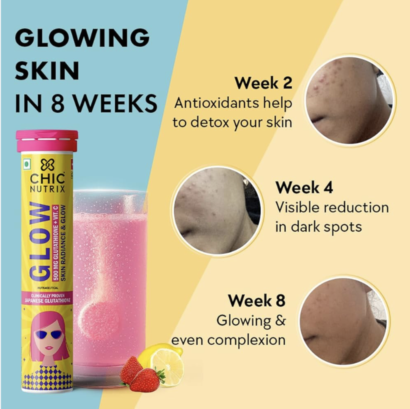 Chicnutrix Glow- 20 Effervescent Tablets| Japanese Glutathione & Vit. C| Antioxidants for clear, glowing skin| Sugar-free, Strawberry-lemon flavour