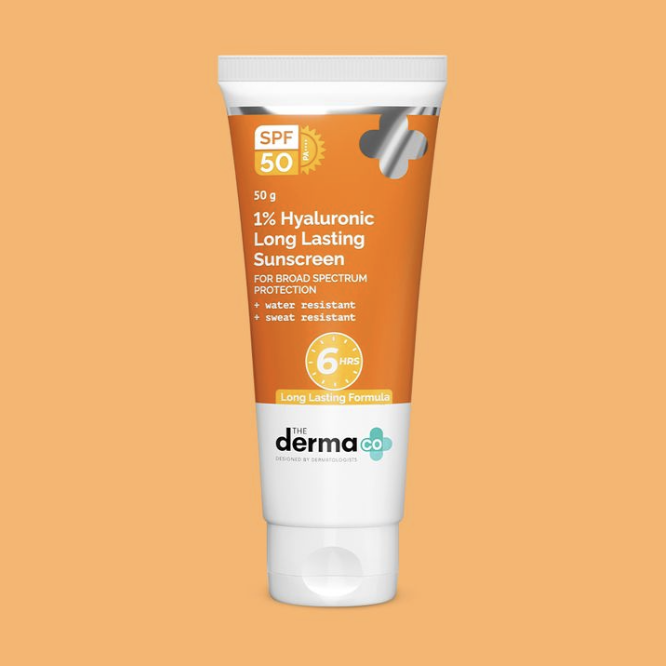 The Derma Co 1% Hyaluronic Long Lasting Sunscreen Spf 50 Pa++++ With Hyaluronic Acid & Vitamin E For Broad Spectrum Protection- 50 G, All Skin Types | Water & Sweat Resistant