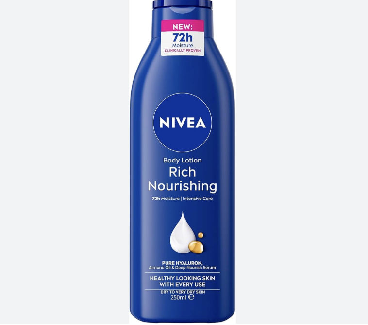 NIVEA Rich Nourishing Body Lotion (250ml), Rich 72H Hydration NIVEA Moisturiser for Dry Skin Made with Deep Moisture Serum and Almond Oil, Intensive Hydration NIVEA Body Lotion 400ml- Spain