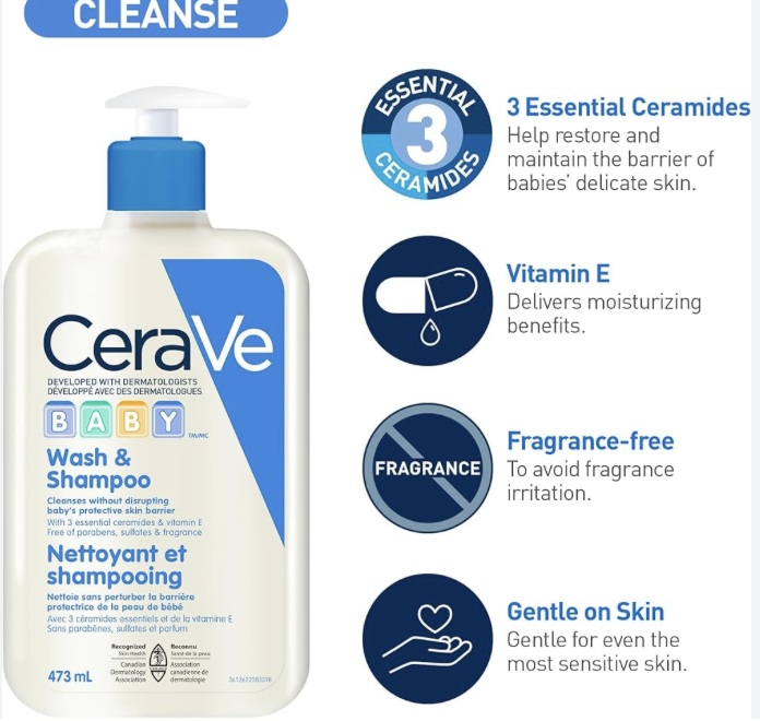 CeraVe BABY Moisturizing Lotion (473ML) and CeraVe Baby Wash & Shampoo (473ML) | Tear-Free Gentle Formulas