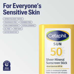 Cetaphil Sheer Mineral Sunscreen Stick for Face & Body, 0.5oz, 100% UVA/UVB Mineral Sunscreen: Zinc Oxide & Titanium Dioxide, Broad Spectrum SPF 50, For Sensitive Skin - USA