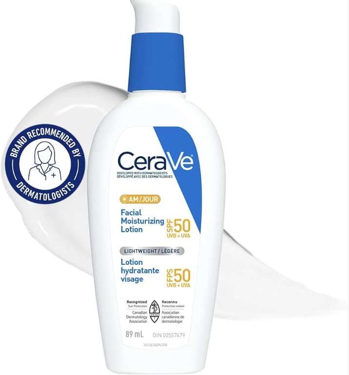 CeraVe AM Facial Moisturizing Lotion SPF 50, Face Moisturizer with SPF, Hyaluronic Acid, Niacinamide & Ceramides, Non-Greasy, Blends Seamlessly With No White Cast, Non Comedogenic Sunscreen-