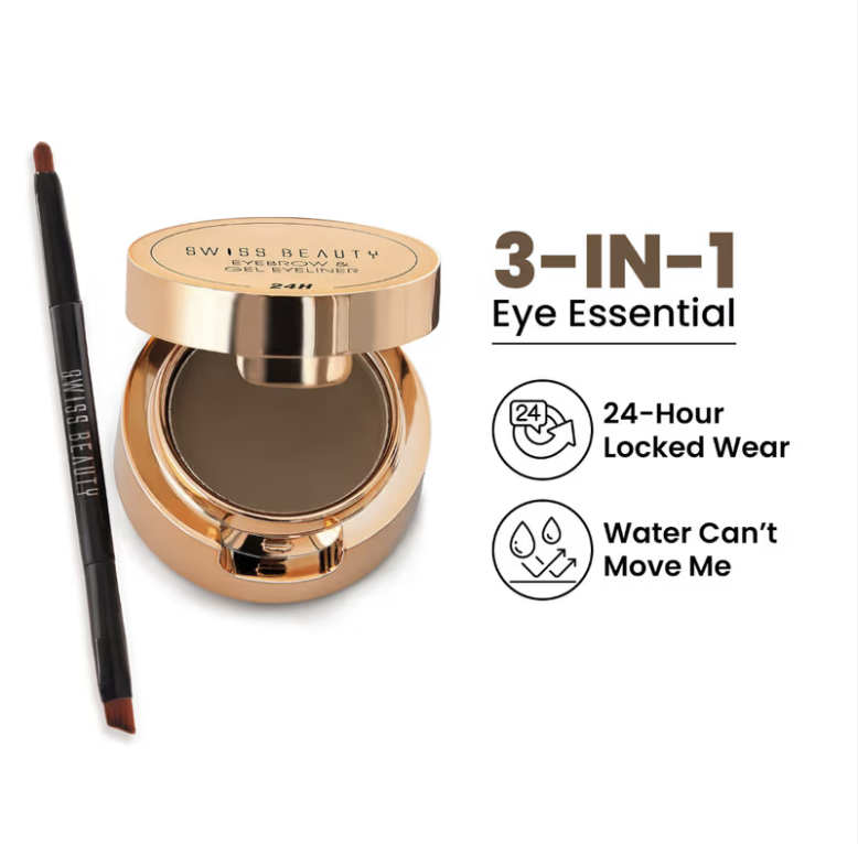 Swiss Beauty 3 In 1 Eyeliner, Eyebrow Filler and Kajal , 24-Hour Stay ,Waterproof - 02 Brown