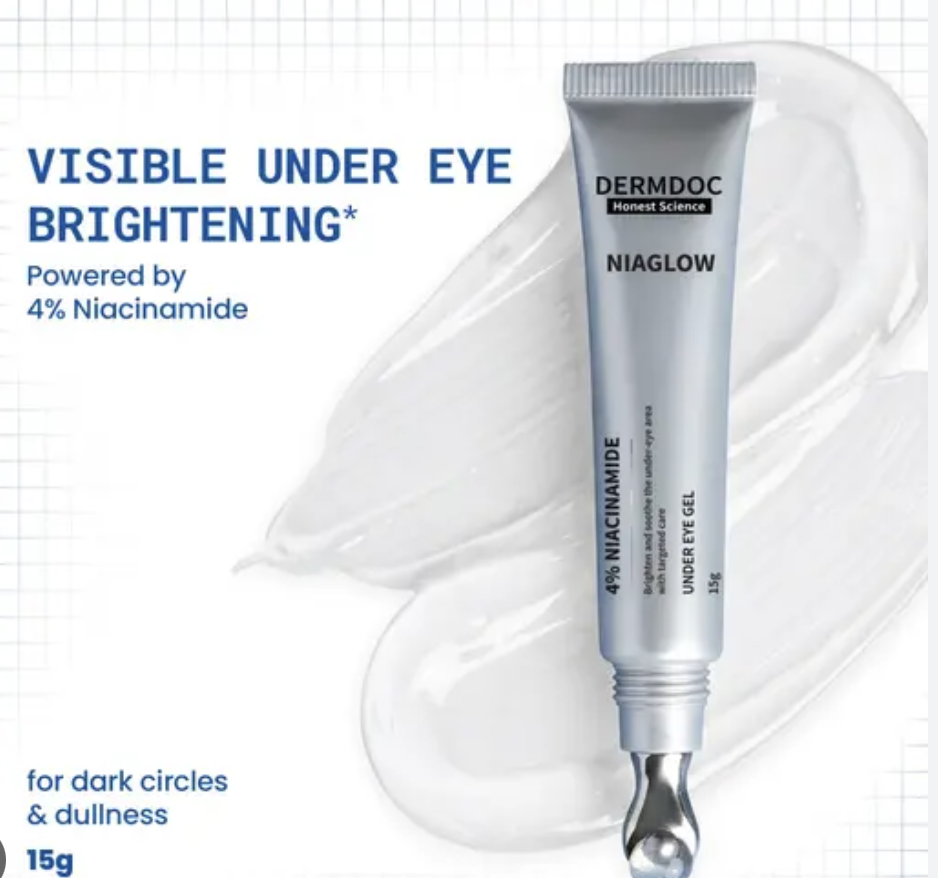 DERMDOC Niaglow 4% Niacinamide Under Eye Gel | Brightens Dark Circles | Reduces Puffiness | Cools & Soothes | Lightweight, Non-Sticky, Fast Absorbing | Eye Care Gel for Tired Eyes & Fine Line