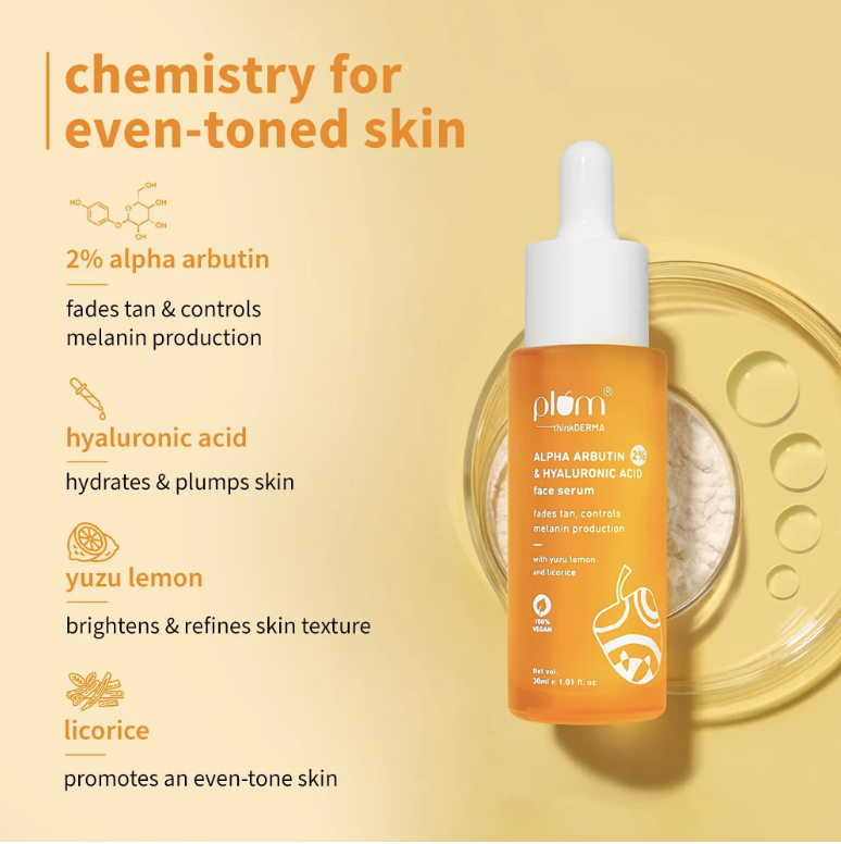 Plum 2% Alpha Arbutin & Hyaluronic Acid Face Serum With Yuzu Lemon - Fades Tan & Even-Toned Skin 30ml