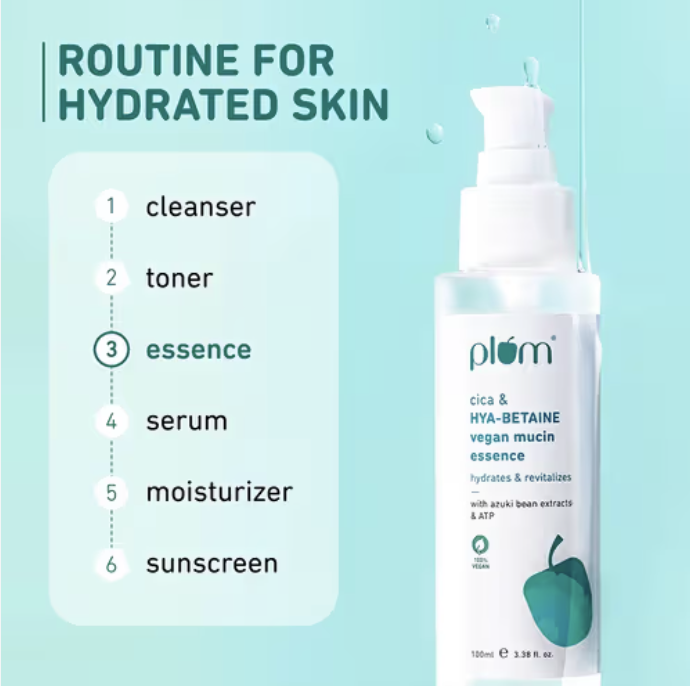 Plum Vegan Mucin Essence with Cica & Hya-Betaine for Soothing, Multi-Layer 72-Hr Hydration (100ml)