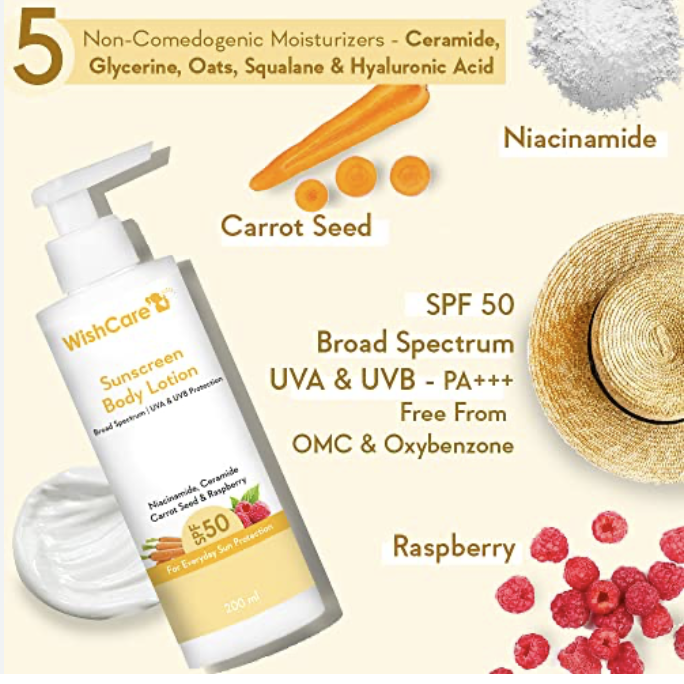 WishCare Sunscreen Body Lotion For All Skin Type with SPF 50 PA+++ - Broad Spectrum UVA & UVB Protection, No White Cast, Enriched with Carrot Seed & Raspberry - Body Sunscreen Lotion 200ml