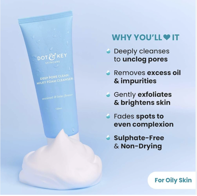 Dot & Key Deep Pore Clean Foaming Face Wash for Daily Use | Facewash with Seawood Extract | Minimizes Pores, Controls Excess Oil & Keeps Skin Hydrated | For All Skin Types | For Women & Men |