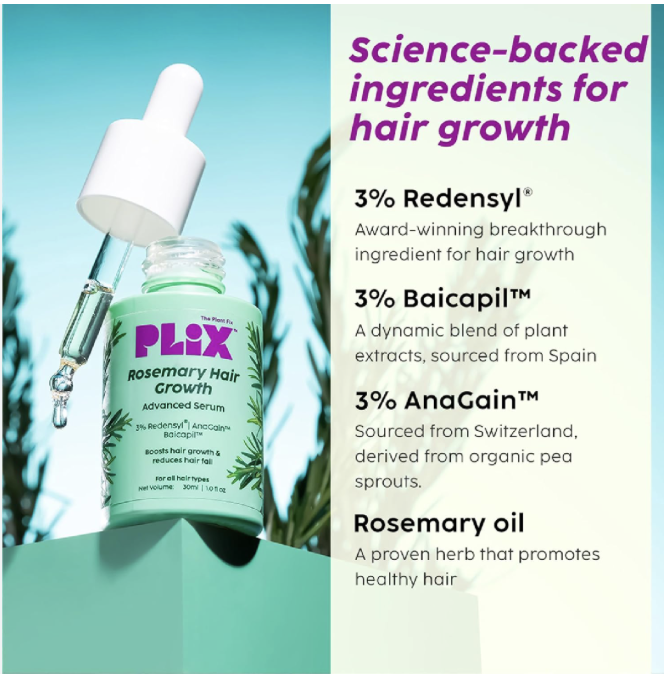 Plix - THE PLANT FIX Rosemary Hair Growth Serum with 3% Redensyl, 4% AnaGain, 3% Baicapil, 30 ml | Stimulates Hair Growth, Increase Hair Density & Thickens Hair | For Men & Women