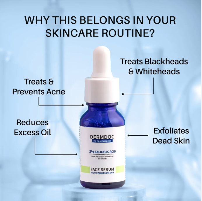 DERMDOC 2% Salicylic Acid Face Serum (30 ml) | For Blackheads & Whiteheads | Targets Active Acne | Calms Irritation & Unclogs Pores