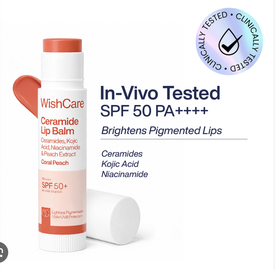 WishCare Tinted Ceramide Lip Balm with SPF50 PA++++ - Kojic Acid & Niacinamide - Coral Peach ( 5 gm)