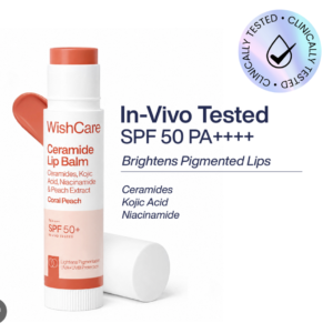 WishCare Tinted Ceramide Lip Balm with SPF50 PA++++ - Kojic Acid & Niacinamide - Coral Peach ( 5 gm)