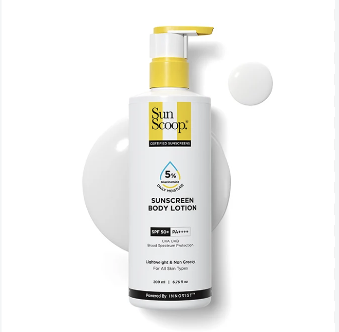 SunScoop 5% Niacinamide Body Sunscreen SPF 50+ PA++++ | Ceramides & Oat Extract | Broad Spectrum UVA UVB | No White Cast | 24hr Moisture | Non-Greasy Body Lotion | All Skin Types | 200ml